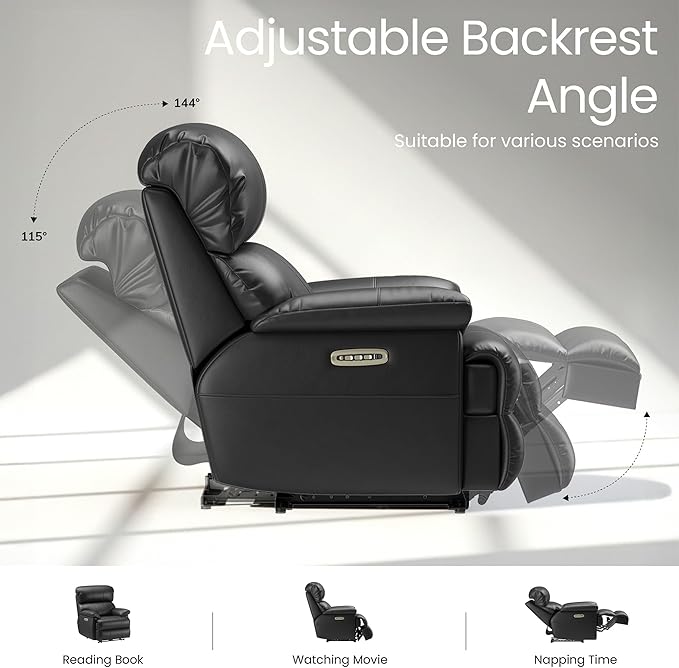 COLAMY Triple Motors Power Recliner Chair with Power Headrest & Lumbar Support Independent Adjustment for Living Room, Leather Electric Recliner Sofa Chair, Black