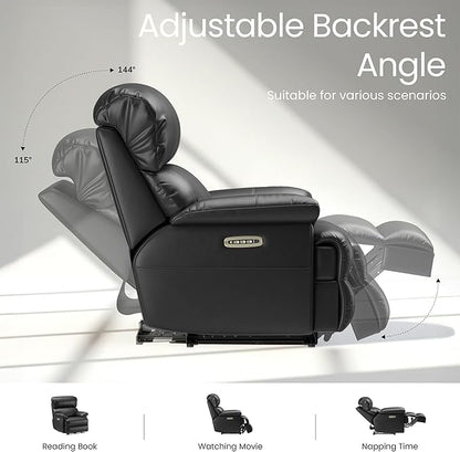 COLAMY Triple Motors Power Recliner Chair with Power Headrest & Lumbar Support Independent Adjustment for Living Room, Leather Electric Recliner Sofa Chair, Black