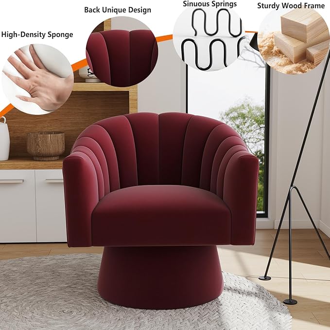 Swivel Accent Chair,Upholstered Velvet 360° Swivel Barrel Chair for Living Room Overstuffed Bouncle Reading Chair Round Armchair for Bedroom,Vanity,Office(Red)