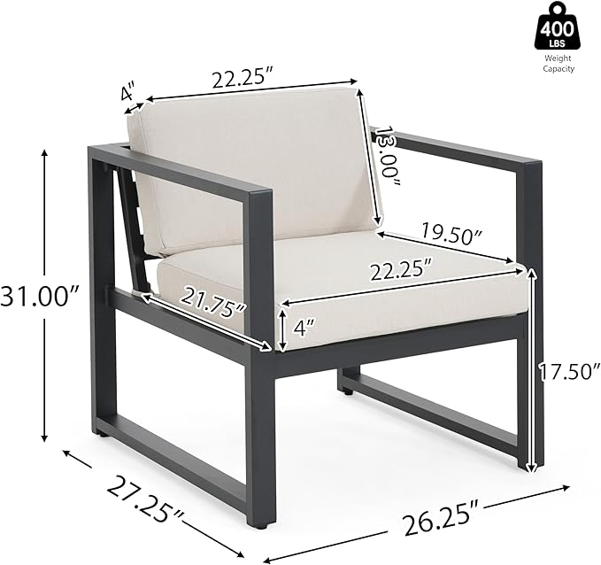 Christopher Knight Home Navan Set of 2 Outdoor Patio Club Chairs with Cushions, Aluminum Outdoor Armchair, Garden Sofa Lounge Chairs, Patio Conversation Set for Porch Backyard Garden, Beige+Black
