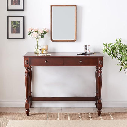 Solid Wood Computer Writing Desk with 2 Big Drawers 39.4" Wide Home Office Desk Workstation Small Rustic Study Table Furniture in Cherry for Home Office Bedroom Living Room, SSZ-1533WD