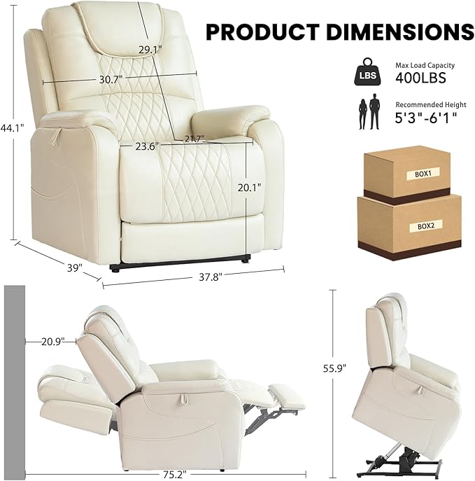 EONIX Triple Motor Lay Flat Power Lift Recliner Chair for Elderly with Massage, 400lbs Electirc Lift Chair for Living Room, Independent Adjustable Backrest Headrest, Extended Footrest, Cream White