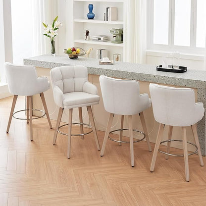 360°Swivel Counter Height Bar Stools with Back, 30 inch Solid Wood Legs, Bar Stool Modern Kitchen Island Chairs, Fabric (Beige- Fabric, 30" H- Set of 3)