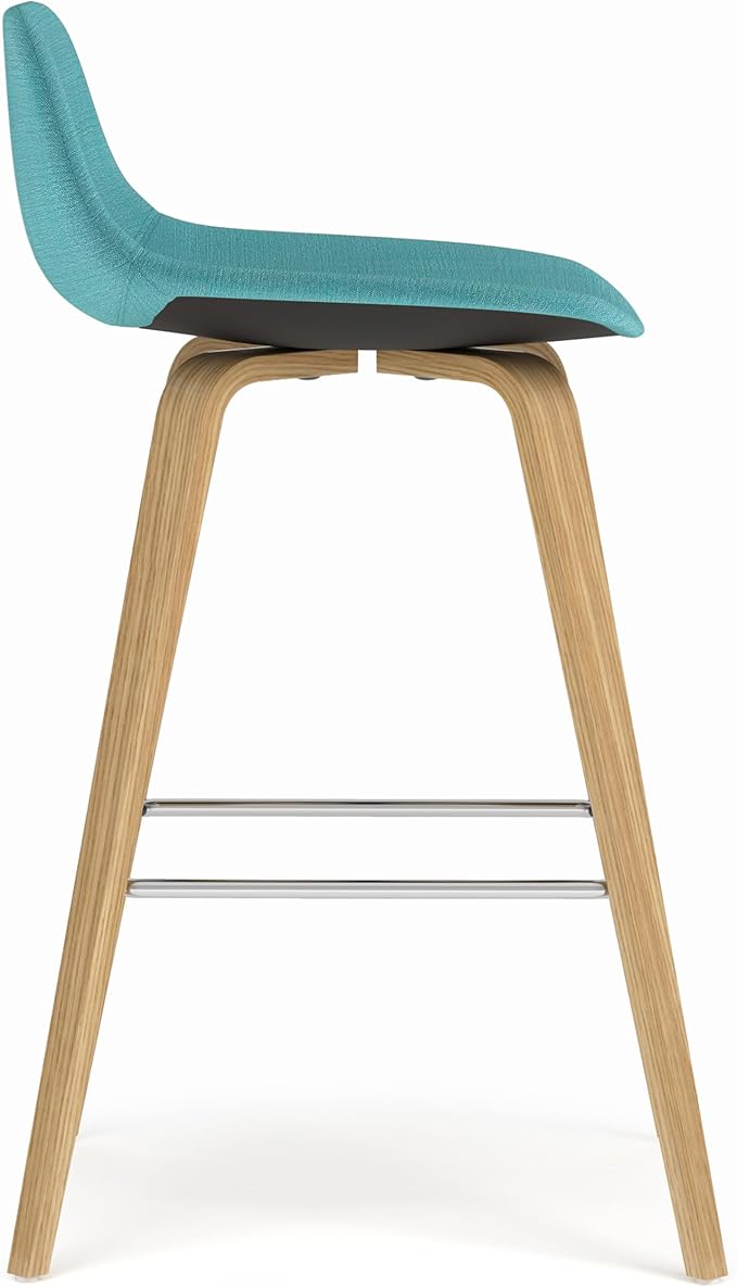 SIMPLIHOME Randolph Counter Stools (Set of 2) - 28 Inch Seat Height Upholstered Bentwood Kitchen Seats in Aqua Blue Polyester Linen Fabric, Mid Century Seating with Curved Backrest and Footrest