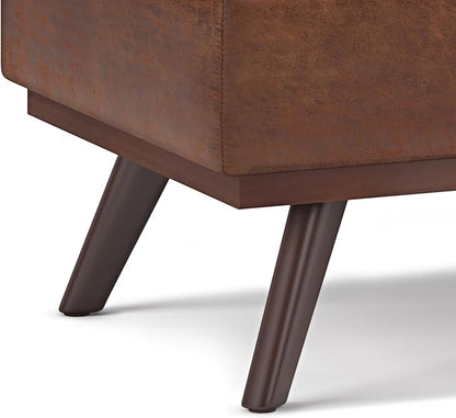 SIMPLIHOME Owen 42 inch Wide Mid Century Modern Rectangle Lift Top Large Coffee Table Storage Ottoman in Distressed Saddle Brown Vegan Faux Leather, Assembled, for the Living Room and Entryway