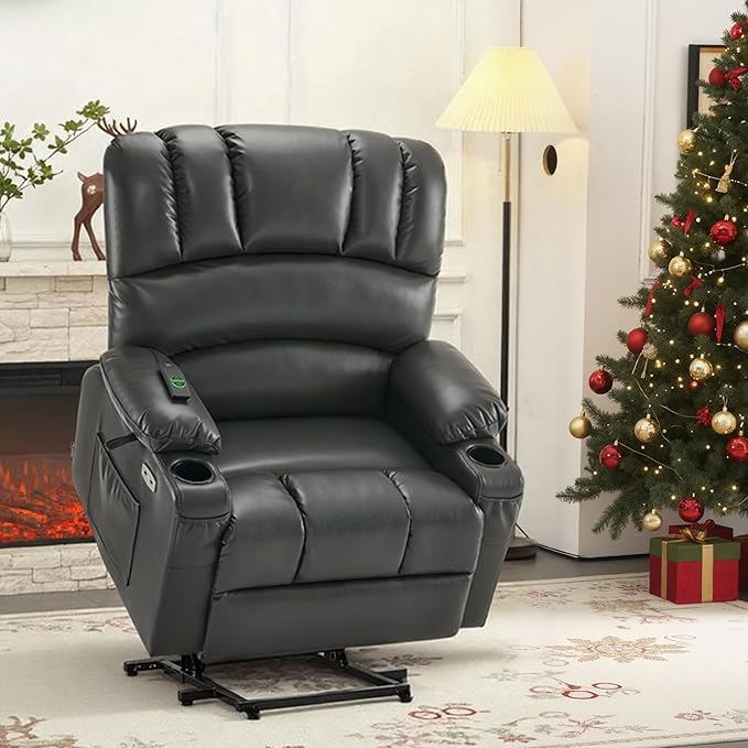 MCombo Oversized Power Lift Recliner Chair for Elderly, Lift Chair with Heat and Massage, Lift Recliner for Big and Tall, Cup Holders, USB &Type C Ports, Faux Leather R7092 (Grey, Oversize)