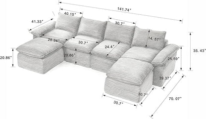 141.74" Sectional Couches for Living Room Modern Modular Sofa with U-Shape Couchs Upholstered Corduroy Boneless Couch Deep Seat Cloud Couch with Ottoman, No Assembly Required, Dark Gray