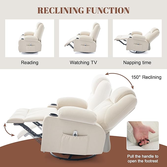Oversized Swivel Rocker Recliner Sofa Chair with Heat and Massage, Large Big Recliner for Living Room,360 Degree Swivel Rocking Single Sofa with Cup Holders and USB Port(Fabric, Light Beige)