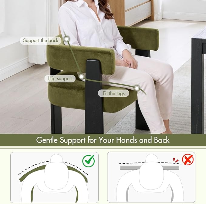 Modern Dining Chairs Set of 6, Upholstered Velvet Barrel Accent Chairs with Backrest & Arms, Wide and Thicker Padded Kitchen Side Chair with Wooden Legs for Dining Room, Livingroom, Dark Green