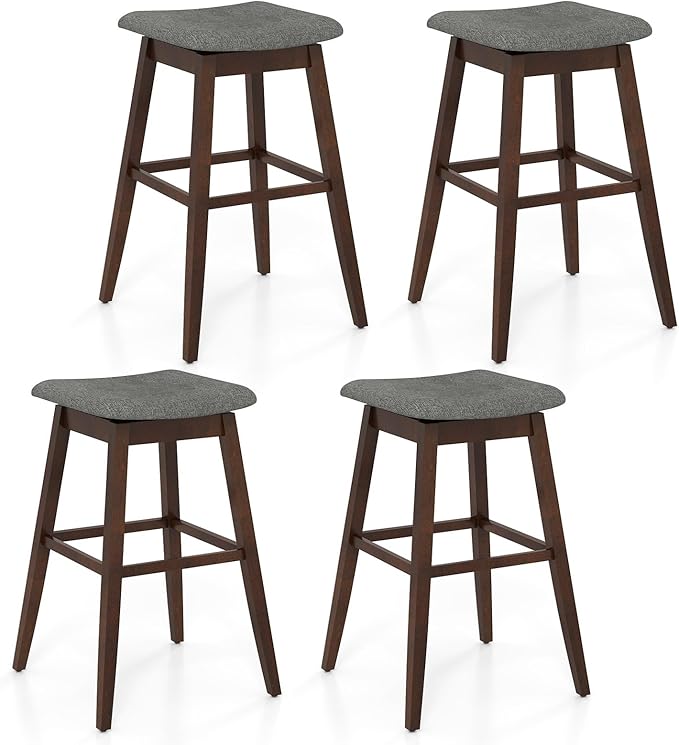 COSTWAY Swivel Bar Stools Set of 4, 30-inch Height Backless Upholstered Chairs with Padded Contoured Seat, Rubber Wood Legs, Footrest, Linen Fabric Barstools for Kitchen Counter Island, Grey+Brown