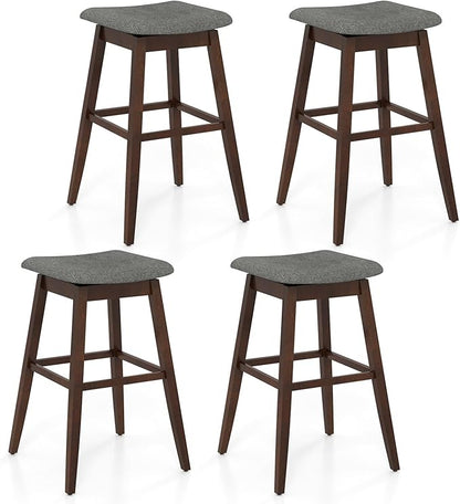 COSTWAY Swivel Bar Stools Set of 4, 30-inch Height Backless Upholstered Chairs with Padded Contoured Seat, Rubber Wood Legs, Footrest, Linen Fabric Barstools for Kitchen Counter Island, Grey+Brown