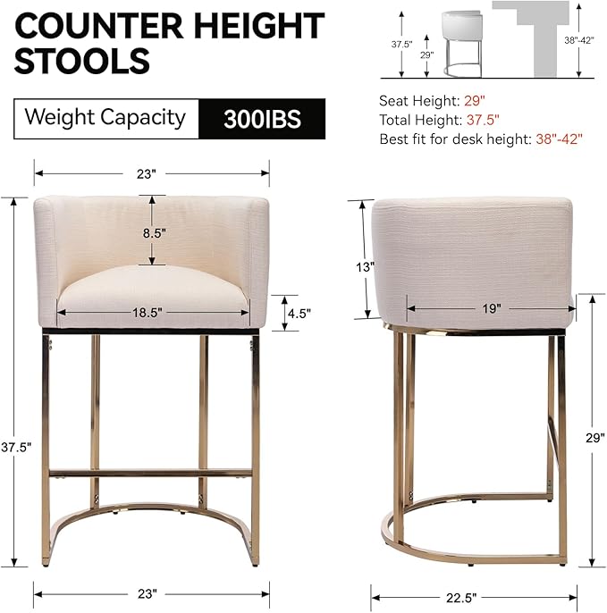 Contemporary Cream Linen Bar Stool, 29" Upholstered Fabric Counter Height Barstool Kitchen Counter Island Stool with Golden Metal Base