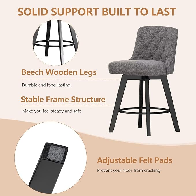 MINCETA Bar Stools Set of 2, 26 Inch Upholstered Barstools with Low Tufted Back and Footrest, Swivel Counter Height Barstools for Kitchen Island Home Bar Performance Fabric Gray
