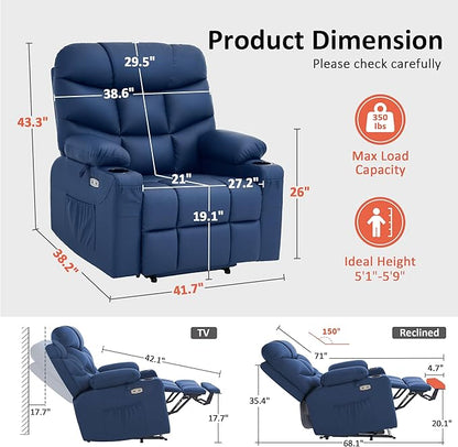 MCombo Oversized Power Lift Recliner Chair with Extended Footrest for Elderly People, Faux Leather R7289 (Navy Blue, Oversize)