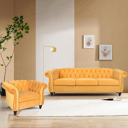 2 Piece Living Room Sofa Set, 3 Seater Velvet Sofa Couch and Chair Set, Mid Century Modern Upholstered Couch with Cushions, Comfy Tufted Chesterfield Couches for Living Room, Bedroom, Office