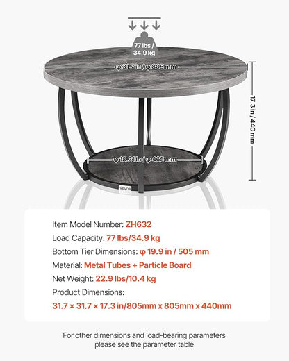 VEVOR Coffee Table, Modern Round Coffee Table, 2 Tiers Wooden Circle Center Desk with Open Storage, Minimalist Sturdy Metal Frame Accent End Desk for Living Room, Office, Easy Assembly, Grey