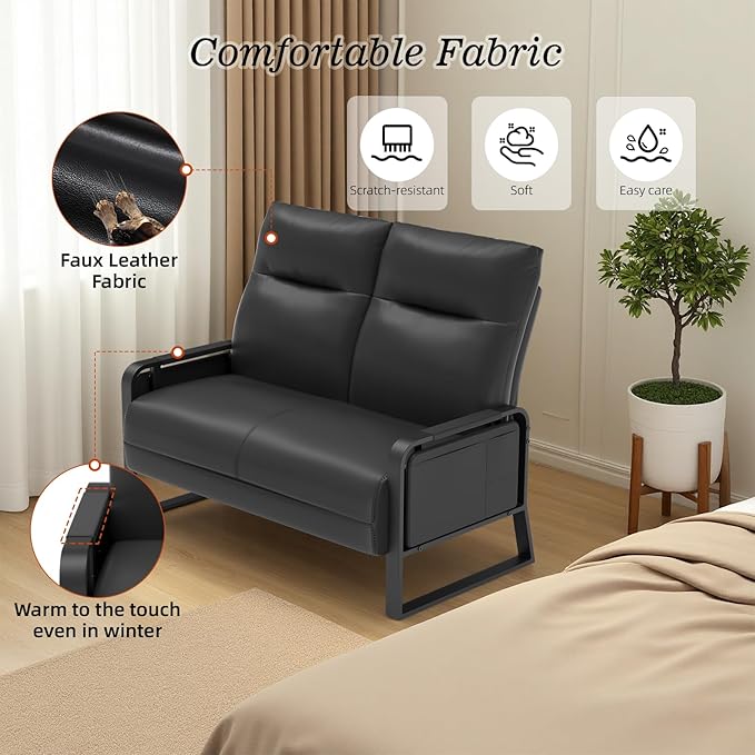 Faux Leather Sectional Couches for Living Room 3 Piece Loveseat and Chair Set with Flip Up Tray Tables Side Pockets Modern Modular Sectional Sofa for Office (2-Seat+1-Seat+1-Seat, Black)
