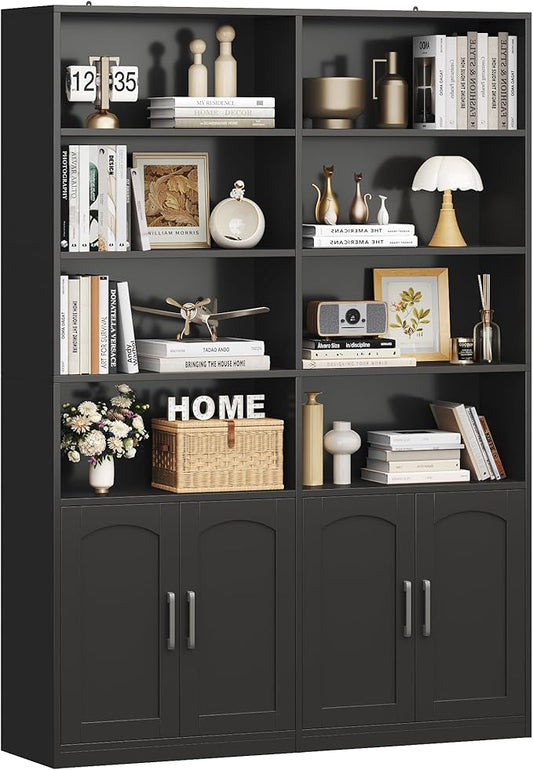 FACBOTALL Bookshelf and Bookcase with Doors, 6 Tier Double Wide Large Bookshelves, Open Display Shelves, 73'' Tall Bookshelf with Storage Cabinets for Home Office, Living Room, Library, Black