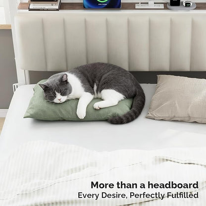 VINGLI Full Size Headboard Only, Adjustable Upholstered Headboard with 3 Tier Shelves and Pegboard with Charging Stations and LED Lights, Modern Bed Headboard with Storage for Bedroom Decor