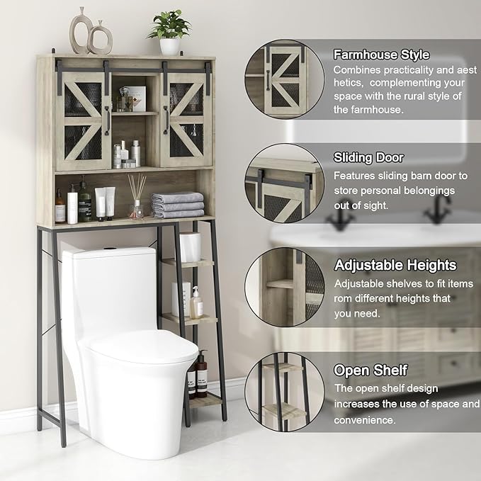 Over The Toilet Storage Cabinet, Farmhouse Storage Cabinet Over Toilet with Sliding Barn Door，Home Space-Saving Toilet Rack, for Bathroom, Restroom, Laundry(Grey).