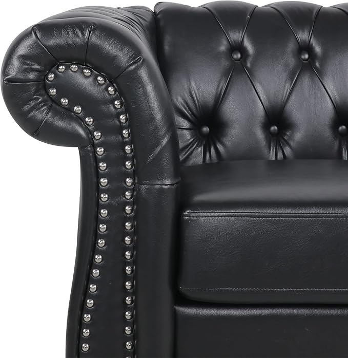 LEVNARY Leather Upholstered Armchair, Mid-Century Modern Single Sofa Chair with Rolled Arms and Nailhead, Tufted Pu Leather Chesterfield Chair for Home Bedroom Reading Room (Black)