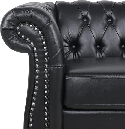 LEVNARY Leather Upholstered Armchair, Mid-Century Modern Single Sofa Chair with Rolled Arms and Nailhead, Tufted Pu Leather Chesterfield Chair for Home Bedroom Reading Room (Black)