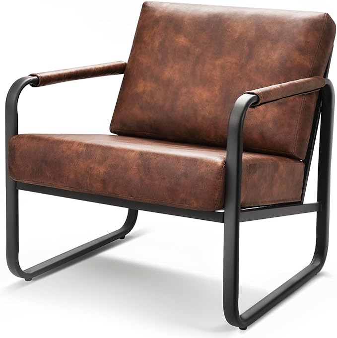 PrimeZone Mid-Century Modern Accent Chair - Comfy Faux Leather Living Room Chair, Lounge Armchair with Extra Soft Padded & Cushion, Ergonomic Accent Chair for Bedroom Office Waiting Room, Brown