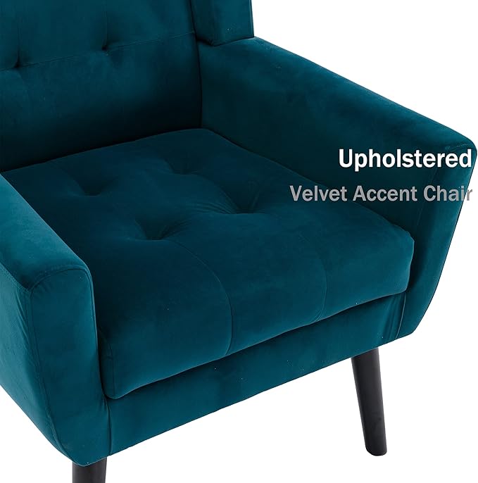 Dolonm Midcentury Modern Accent Chair with Arms, Upholstered Fabric Reading Side Chair Tufted Back Decorative Wingback Chair for Living Room Bedroom (Teal)