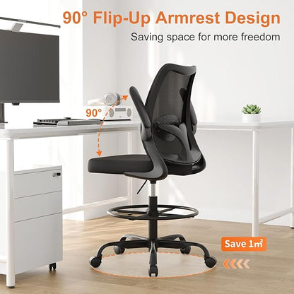 Drafting Chair,Tall Office Chair with Adjustable Footrest Ring,Lumbar Support,Ergonomic High Desk Seat,Flip-Up Armrests,Breathable Mesh Standing Stool for Home Office,Black