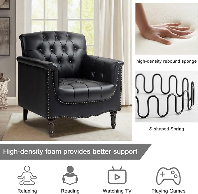 Faux Leather Accent Chairs Set of 4, Upholstered Armchairs with Nailhead Trims & Wood Legs for Living Room, Bedroom, Contemporary Comfy Club Chairs for Office-Black