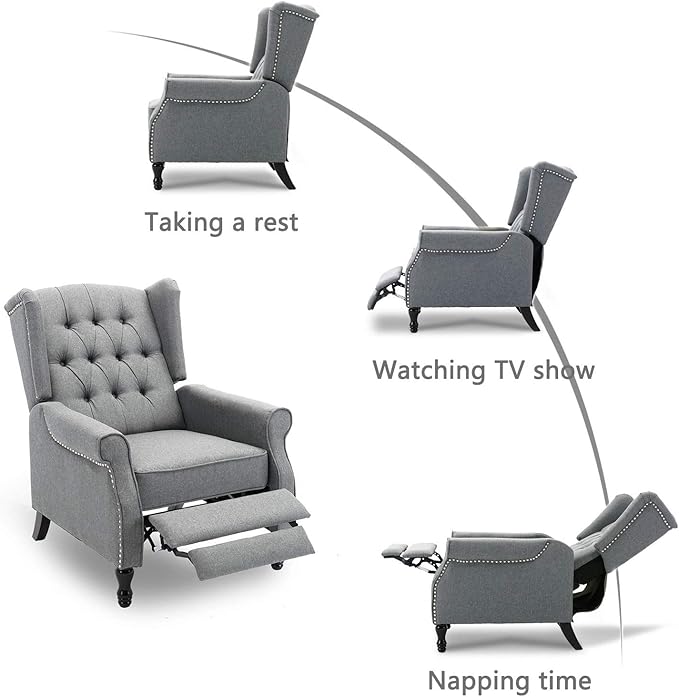 Pushback Recliner Chair, Modern Accent Arm Chair, Fabric Wingback Chair for Living Room Bedroom, Grey