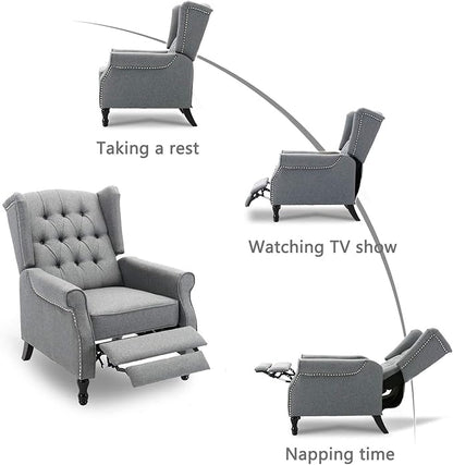 Pushback Recliner Chair, Modern Accent Arm Chair, Fabric Wingback Chair for Living Room Bedroom, Grey
