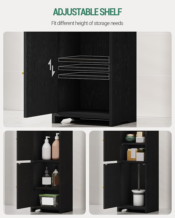 Bathroom Storage Cabinet, Corner Floor Cabinet with 2 Doors and Adjustable Shelf, Narrow Toilet Paper Cabinets, Bathroom Organizer for Small Spaces, 7.9" D x 9.8" W x 29.5" H Black