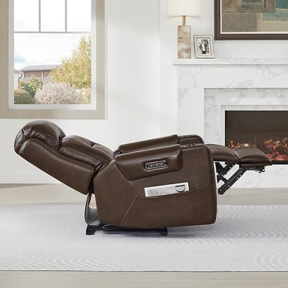 Watson & Whitely Oversized Genuine Leather Power Recliner Chairs for Big and Tall, Extra Wide Lay Flat Recliner with Power Headrest & Cup Holders, Electric Reclining Sofa for Living Room, Dark Brown