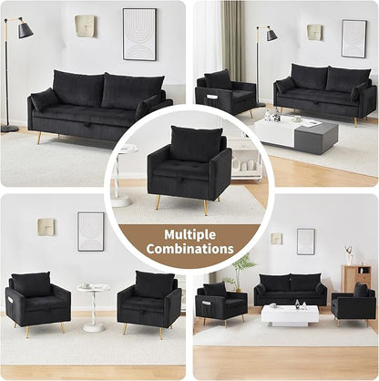 Furnimart 3-Piece Storage Sofa and Couch Set, Corduroy Loveseat with 2pc Accent Single Chairs, Small Living Room Furniture Set for Apartment, Tiny Homes and Lofts, 3PC-Black
