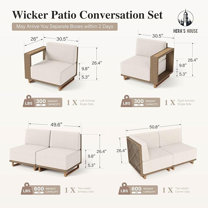 HERA'S HOUSE All Weather Patio Conversation Set，4 Pieces Patio Furniture Set, Sectional Outdoor Rattan Wicker Sofa with 5.3" Widened Armrest, Patio Couch, 10" Ultra Thick Comfy Sponge Cushion