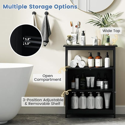 COSTWAY Bathroom Floor Storage Cabinet, Modern Wooden Freestanding Storage Organizer with 2 Doors, 3-Level Adjustable Shelf, for Entryway, Living Room, Kitchen (Black)