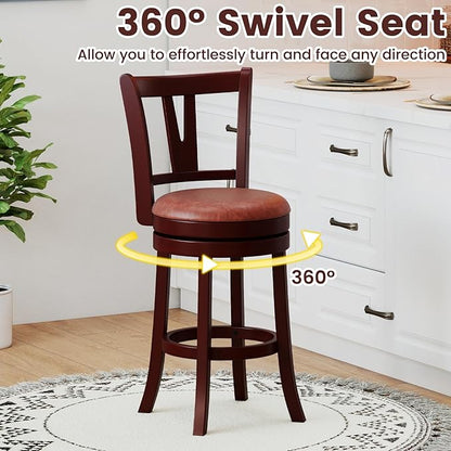 COSTWAY Barstools Set of 2, Faux Leather Upholstered Bar Stools with High Backs and Footrests, Armless Kitchen Island Dining Chairs with Solid Wood Legs, Cappuccino (2, 26'' Seat Height)