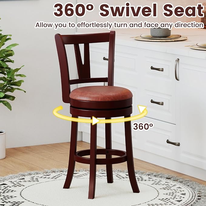 COSTWAY Barstools Set of 4, Faux Leather Upholstered Bar Stools with High Backs and Footrests, Armless Kitchen Island Dining Chairs with Solid Wood Legs, Cappuccino (4, 26'' Seat Height)