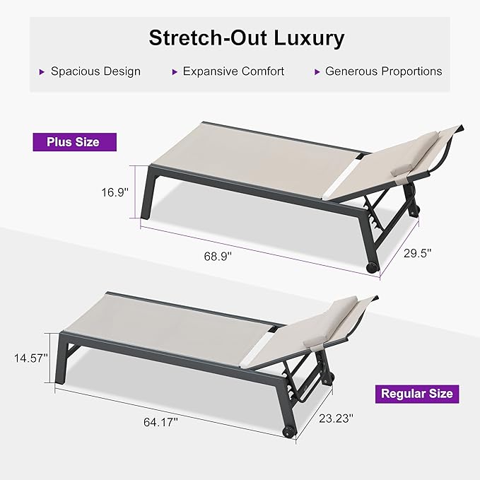 PURPLE LEAF Outdoor Oversized Lounge Chair Set of 3 Patio Chaise Pool Lounger Aluminum Frame with Side Table and Wheels for Outside Sunbathing Tanning Recliner Including Pillows Beige