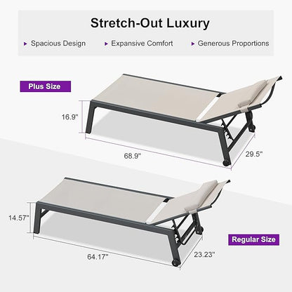 PURPLE LEAF Outdoor Oversized Lounge Chair Set of 3 Patio Chaise Pool Lounger Aluminum Frame with Side Table and Wheels for Outside Sunbathing Tanning Recliner Including Pillows Beige