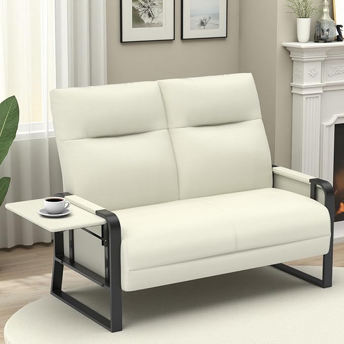 Faux Leather Loveseat Couch for Living Room Bedroom Office, Small Sofa 2 Seater Couch with Flip Up Tray Table Side Pockets Leather Loveseats, Beige