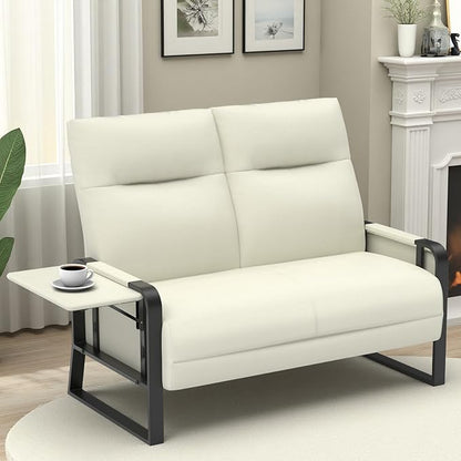 Faux Leather Loveseat Couch for Living Room Bedroom Office, Small Sofa 2 Seater Couch with Flip Up Tray Table Side Pockets Leather Loveseats, Beige