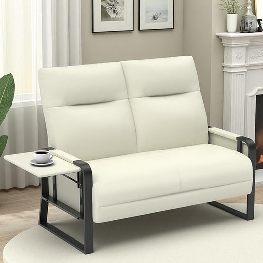 Faux Leather Loveseat Couch for Living Room Bedroom Office, Small Sofa 2 Seater Couch with Flip Up Tray Table Side Pockets Leather Loveseats, Beige