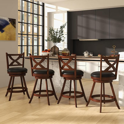 COSTWAY Bar Stools Set of 4, 24 Inch Classic Counter Height Chairs with X-Shaped Open Back, 4 PCS Swivel Barstool Set for Kitchen Island, Pub, Bistro, Café, Espresso (4, 24 Inch)