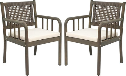 Christopher Knight Home Vera Outdoor Acacia Wood Dining Chairs, Rattan Woven Back Armchair, Armchair with Cushion Seat, Dining Chairs Set of 2, Patio Chair for Poolside Garden Balcony, Gray+Cream