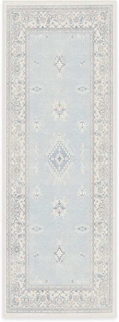 RUGGABLE Washable Vintage Runner Rug – Verena Soft Blue 2.5x7, Stain-Resistant, Non-Slip Hallway Runner – Machine Washable Rug for Hallway, Entryway, Living Room & Kitchen–with Cushioned Pad