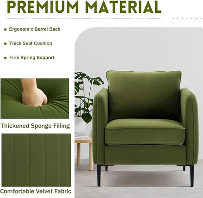 Velvet Accent Chairs Set of 2, Comfy Upholstered Single Sofa Chair Mid-Century Modern Armchair with Thick Cushion and Wood Frame Side Chair for Living Room Bedroom Apartment (Green)