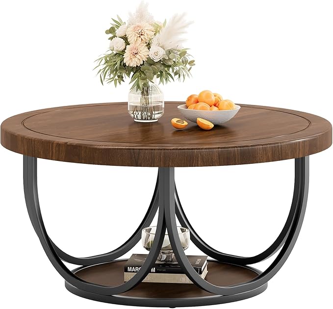 Tribesigns Round Coffee Table with 2 Tiers, 33.5" Wooden Circle Accent Cocktail Table with Storage Shelf and Metal Frame, Industrial Center Tables for Living Room, Brown & Black