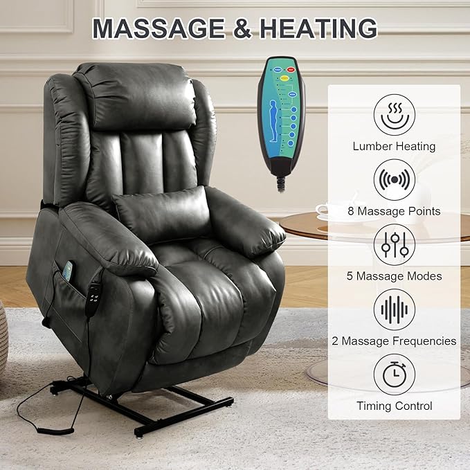 EDILLY Large Reclining Lift Chair, Dual Motor Massage Chair, Genuine Leather Recliner with Heating and Massage for Seniors, with Double Lumbar Cushion and Extended Footrest, USB Port(Silver Grey)